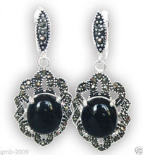 Vintage 925 Sterling Silver Natural Black Jade Gems Marcasite Dangle Earrings 2024 - buy cheap