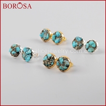 BOROSA Round Natural Stones Gems Earrings,Gold/Silver Color Brass Turquoises Pyrite Chips Stud Earrings for Women 1192 2024 - buy cheap