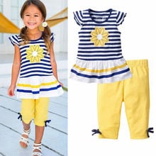 1-8Y Summer Baby Girl Clothes Short Sleeve Daisy Tops Striped T-Shirt+Long Pants 2Pcs Girls Outfits Sets 2024 - buy cheap