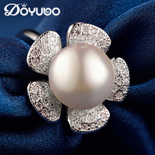 DOYUBO Elegant Women's 8MM Round Simulated Pearl Silver Ring 925 Sterling Silver Wedding Rings For Lady Flower Pearl Ring VB066 2024 - buy cheap