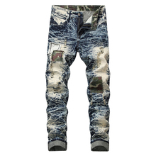 Idopy Fashion Mens Straight Fit Jeans Vintage Washed Camo Patchwork Denim Pants Hip Hop Ripped Trousers For Male 2024 - buy cheap