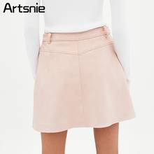 Artsnie Pink Suede Leather Elegant Button Mini Skirt Women Spring 2018 Casual High Waist Short A Line Ladies Skirts Saia Jupe 2024 - buy cheap
