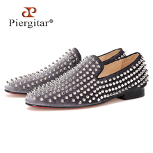 Piergitar 2016 new arrival Gray velvet men handmade shoes with silver rivets Fashion party and wedding men loafers male's flats 2024 - buy cheap