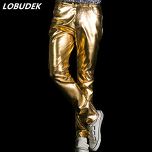 Gold Silvery PU Leather Pants Tide Male Stage Costume Men Punk Rock Singer Performance Outfit Fashion Slim Long Pants Trousers 2024 - buy cheap