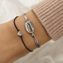 Pulseiras minimalistas de corda cinza e preta, braceletes femininos de concha boêmia, com mini coração, 2 segundos 2024 - compre barato