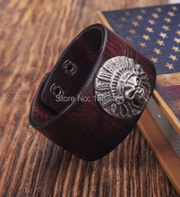HM02-pulsera de cuero con tachuelas de Metal para hombre, brazalete ancho, color marrón oscuro, Calavera India 2024 - compra barato