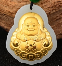 Beautiful Natural White Hetian Jade + 18K Solid Gold Chinese Laughing Coin Buddha Lucky Pendant + Free Necklace Fine Jewelry 2024 - buy cheap
