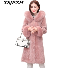 2018 New Women Winter Fox Fur Collar Warm Shorn Sheepskin Fur Clothing Coat Fashion Large Size Slim Hooded Long Wool Coat LC247 2024 - buy cheap