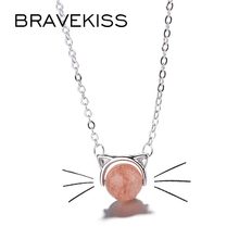 BRAVEKISS Romantic Strawberry Crystal Pendant Necklaces for Women Pink Cute Cat Ear Link Chain Necklace Jewelry Gifts BUN0319 2024 - buy cheap