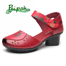 PEIPAH 2019 designer handmade summer Genuine Leather  sandals female thick with hollow fish mouth leather retro mother shoes 2024 - buy cheap