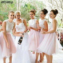 Simple A-Line Light Pink Tulle Knee Length Sleeveless  Bridesmaid Dressese Party Prom Dresses Custom Made Custom Made 2024 - buy cheap
