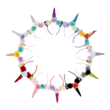 Yundfly Boutique-Diadema de cuerno de unicornio para niña, banda para el pelo de flores y hojas, accesorios para el cabello, regalo de cumpleaños 2024 - compra barato