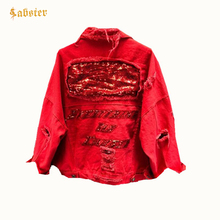 Женская джинсовая куртка в стиле хип-хоп, красная, Черная куртка с длинным рукавом и блестками, XZ400 2024 - купить недорого