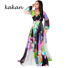 Kakan2019 vestido feminino digital de chiffon, vestido longo de praia boêmio com estampa digital e tamanho grande para mulheres 2024 - compre barato