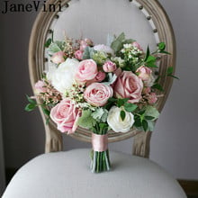JaneVini Vintage Blush Pink Roses Bridal Handle Bouquets Artificial Flowers Bridesmaid Wedding Bouquet De Fleurs White Brooch 2024 - buy cheap
