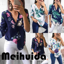 Fashion Women Three Quarter Sleeve V neck Floral Shirts Ladies Summer Casual Blouse Shirt 2024 - buy cheap
