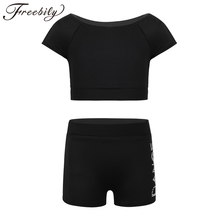 Top corto con letras estampadas para niñas, conjunto de pantalones cortos para Ballet, baile, gimnasia, trajes de espectáculo escénico para ejercicio 2024 - compra barato