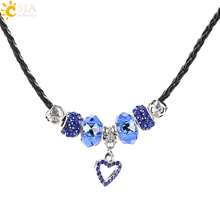 CSJA Leather Necklace for Women Blue Murano Glass Beads Rhinestone Fit Love Heart Pendant Maxi Statement Choker Necklaces E718 2024 - buy cheap