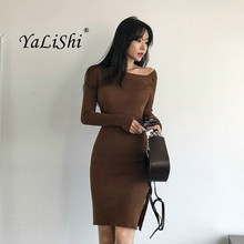 Spring Solid Pencil Dress 2019 Women Orange Black Brown Full Sleeve Asymmetrical Casual Office Lady Dress Knitted Sweater Dress 2024 - buy cheap