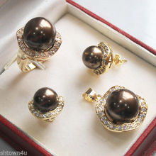 Beautiful Chocolate shell pearl yellow gold jewelery set AAA style Fine Noble real Natural free shipping 2024 - buy cheap