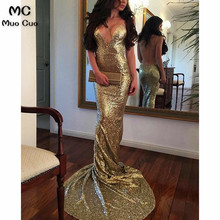 2018 Mermaid Evening Dresses Long with Sequined Spaghetti Straps Backless Prom Dress Sweep Train Formal Evening Dress 2024 - buy cheap