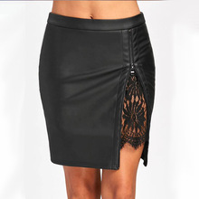 PU Leather Skirts Women Zipper Preppy Short Mini Skirts High Waist Ladies Black Lace Patch Pencil Skirt 2018 New 2024 - buy cheap