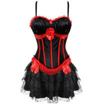 Sexy Corset Dress Red Strip Corset and Lace Mini Short Skirt Straps with Cup Lingerie Showgirl Dance Dress Plus Size S-2XL 2024 - buy cheap