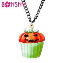Bonsny Acrylic Halloween Happy Pumpkin Cupcake Necklace Pendant Collare Unique Food Jewelry For Women Girls Teens Gift Wholesale 2024 - buy cheap