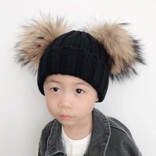 Kids Real Fur Pom Pom Hat Baby Winter Black Hat Girls Boys Knitted Beanie Double Pompom Hat For Children 2024 - buy cheap