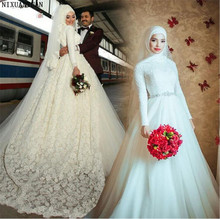 Vintage Long Sleeves Muslim A Line Wedding Dresses High Collar Lace Saudi Arabia Bridal Gown Wedding Gown Vestidos De Novia 2024 - buy cheap