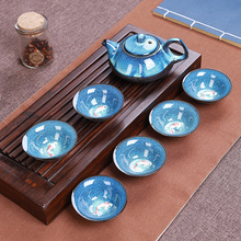 Conjunto de chá kung fu de porcelana, conjunto de bule de chá tenmoku peixe divertido, xícara de chá, 1 bule + 6 copos (não inclui bandeja) 2024 - compre barato