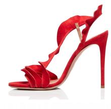 Sandalias de ante rojo para mujer, zapatos de boda con correa con volantes recortados, tacones de gladiador para novia, de talla grande 46, novedad 2024 - compra barato
