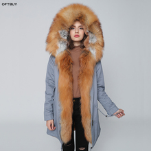 Oftbuy casaco de inverno feminino com pele real, jaqueta longa, parka, gola com pele de raposa natural, capuz, forro de pele sintética, casaco novo 2024 - compre barato