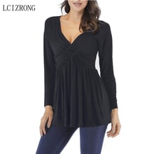 5XL Plus Size Solid Tshirt Women Sexy V Neck Long Sleeve T Shirt 5 Colors Loose Black Pleated Tee Female 2024 - buy cheap