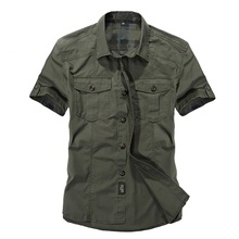 Мужская Повседневная рубашка, облегающая, Армейская, зеленая, хлопковая, с коротким рукавом 2024 - купить недорого