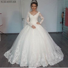 New Romantic V-neck Elegant Princess Wedding Dress 2021 Long Sleeves Appliques Celebrity Ball Gown vestido De Noiva 2024 - buy cheap