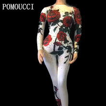 Mulheres New Sexy Preto Macacão Branco Colorido Strass Espumante Bodysuit 3D Impresso Rosas Partido Boate Dançarina Desgaste Estágio 2024 - compre barato