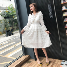 Spring 2019 New Female Korean Temperament V-neck Tassel Slim A-line Solid Color Princess Sweet Lolita Spring Dress 2024 - buy cheap