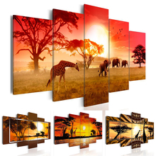 Модульные картины на холсте, 5 панелей, живопись слон, жираф, закат, пейзаж, плакат, печать, настенное искусство, гостиная, домашний декор, рама 2024 - купить недорого