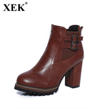 Xek sapatos de outono botas femininas 41 42 43 sapatos casuais botas de couro da motocicleta dedo do pé redondo fivela quente botas de tornozelo jh278 2024 - compre barato