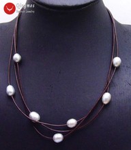 Qingmos 10-11mm Natural Gray Pearl Necklace for Women with 10-11mm Rice Pearl Pendant Leather 3 Strands 19-21" Chokers Necklace 2024 - buy cheap