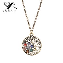 YUKAM Antique Gold Hollow 7 Chakra Stones Reiki Healing Tree of Life Pendant Necklaces Natural Stone Necklaces for Women Jewelry 2024 - buy cheap