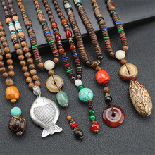 Vintage Handmade Nepal Necklace Buddhist Mala Wood Beads Pendant & Necklace Ethnic Horn Fish Long Statement Jewelry Women Men 2024 - buy cheap