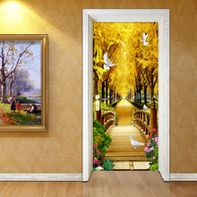 Adesivo de parede 3d de porta com floresta dourada, natureza, papel de parede para sala de estar, quarto, decoração de casa, decalques para portas, pvc, decoração de parede 3 d 2024 - compre barato