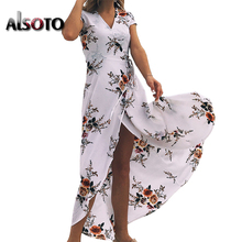 Женское шифоновое платье ALSOTO, Летнее Длинное пляжное платье с v-образным вырезом и цветочным принтом, вечерние платья с коротким рукавом и высокой талией 2024 - купить недорого