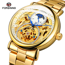 Forsining Brand Luxury Skeleton Automatic Mechanical Watch Men Full Golden Steel & Leather Man Business Sun Moon Display Clock 2024 - buy cheap