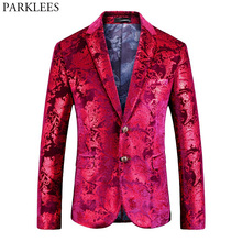 Mens Red Floral Blazer Jacket 2018 Brand New Single Breasted Two Button Velvet Suit Blazer Men Party Wedding Prom Stage Costumes 2024 - buy cheap