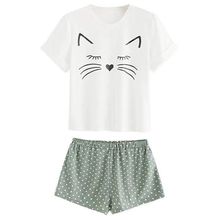 Conjunto pijama feminino manga curta, camiseta feminina folgada manga curta babado shorts 2024 - compre barato