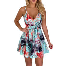 SAGACE Dress Women new casual beach dress V Neck Print Sleeveless Strappy Tie Up Flare Short Mini Dress casual slim robe femme 2024 - buy cheap