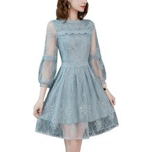 Summer Sky Blue Women Fashion Solid Chiffon Party Dress 2019 New Slim Embroidered Dresses With Lace Trim Vestido Female HJ278 2024 - buy cheap